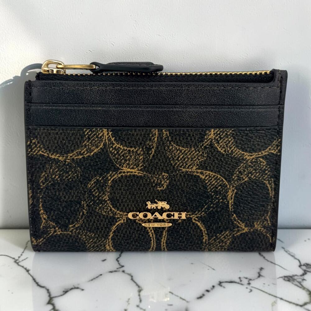 NWT Coach Mini Skinny ID Case Loved Signature Canvas Gold Brown CEI20 Wallet